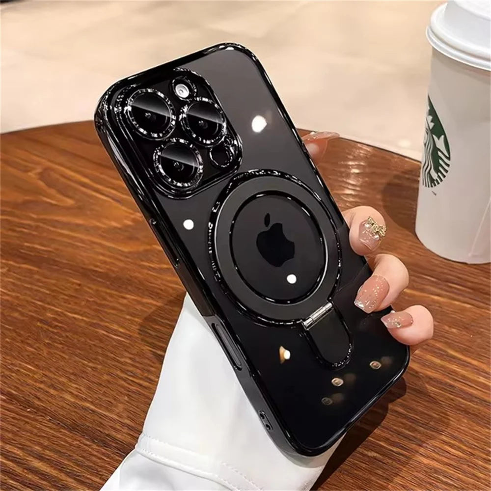 Luxury For Magsafe Bracket Case For iPhone 16 17 18 15 14 13 12 Pro Max 16 Plus Magnetic Ring Stand Holder Clear Acrylic Cover