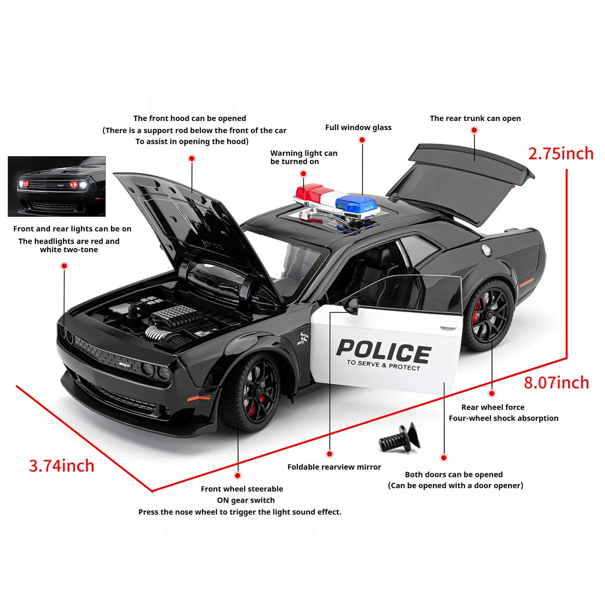 1:24 Challenger SRT Hellcat Police Car Alloy Sports Car Model Metal Racing Car Vehicle Model Sound Light Toy Gift