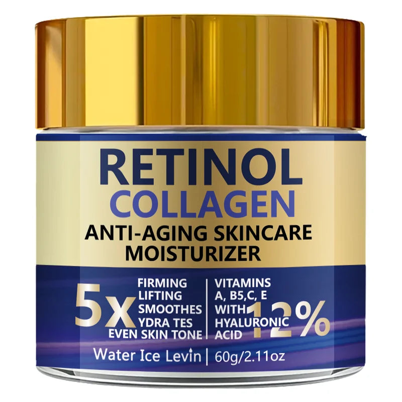 Retinol Collagen Hyaluronic Acid. Anti-Aging Moisturizer 5X Firming Lift. Even Skin Tone. Vitamins A B5 C E Panthenol. 60g