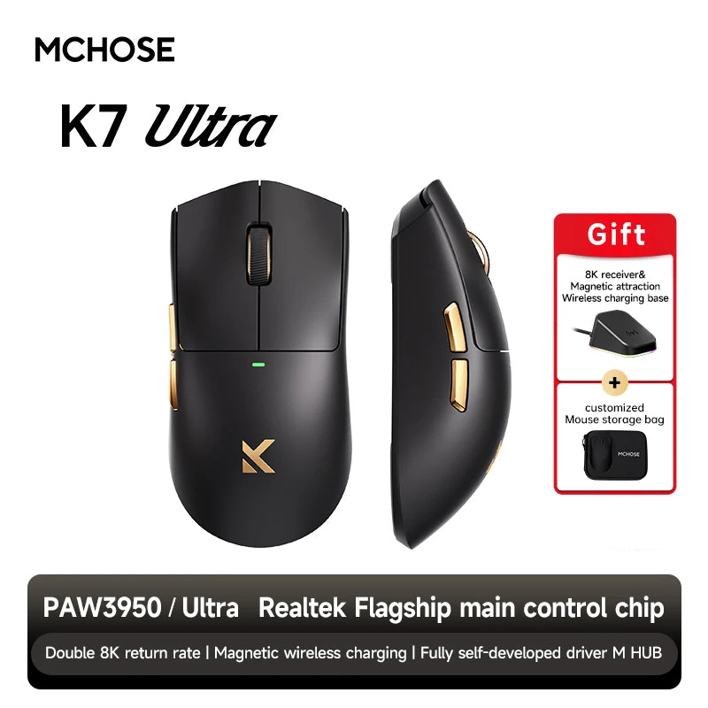 MCHOSE K7 Ultra Wireless PAW3950 Gaming Mouse Dual 8K Polling Rate Magnetic Wireless Charging Stand Office Mouse Lightweight 59g