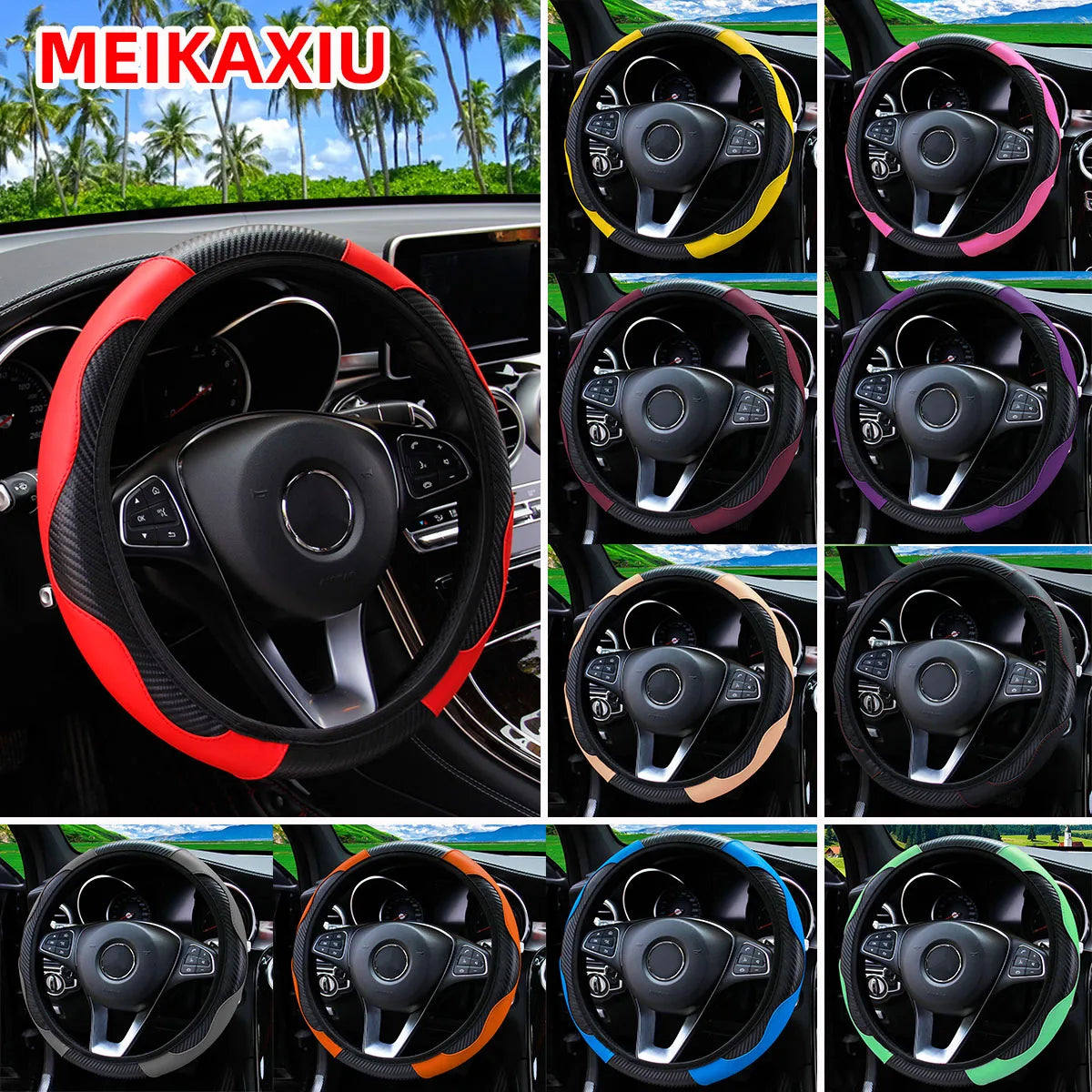 Universal Fit PU Carbon Fiber Leather Car Steering Wheel Cover 14.5-15 Inch No Inner Ring Required Vehicle Decoration Accessory