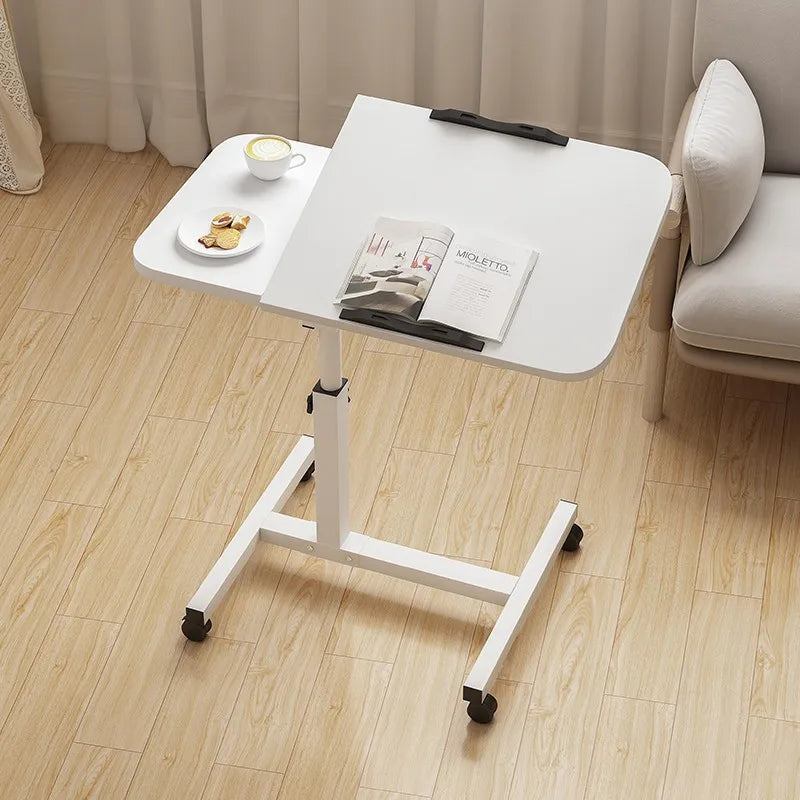 Mobile Laptop Desk with Wheels Height Adjustable Overbed Table, 180 Tiltable Bedside Computer Stand with Safety Edge Stopper, Carbon Steel Rolling Notebook Tray for Home Office Sofa Bed, White Bedroom Furniture