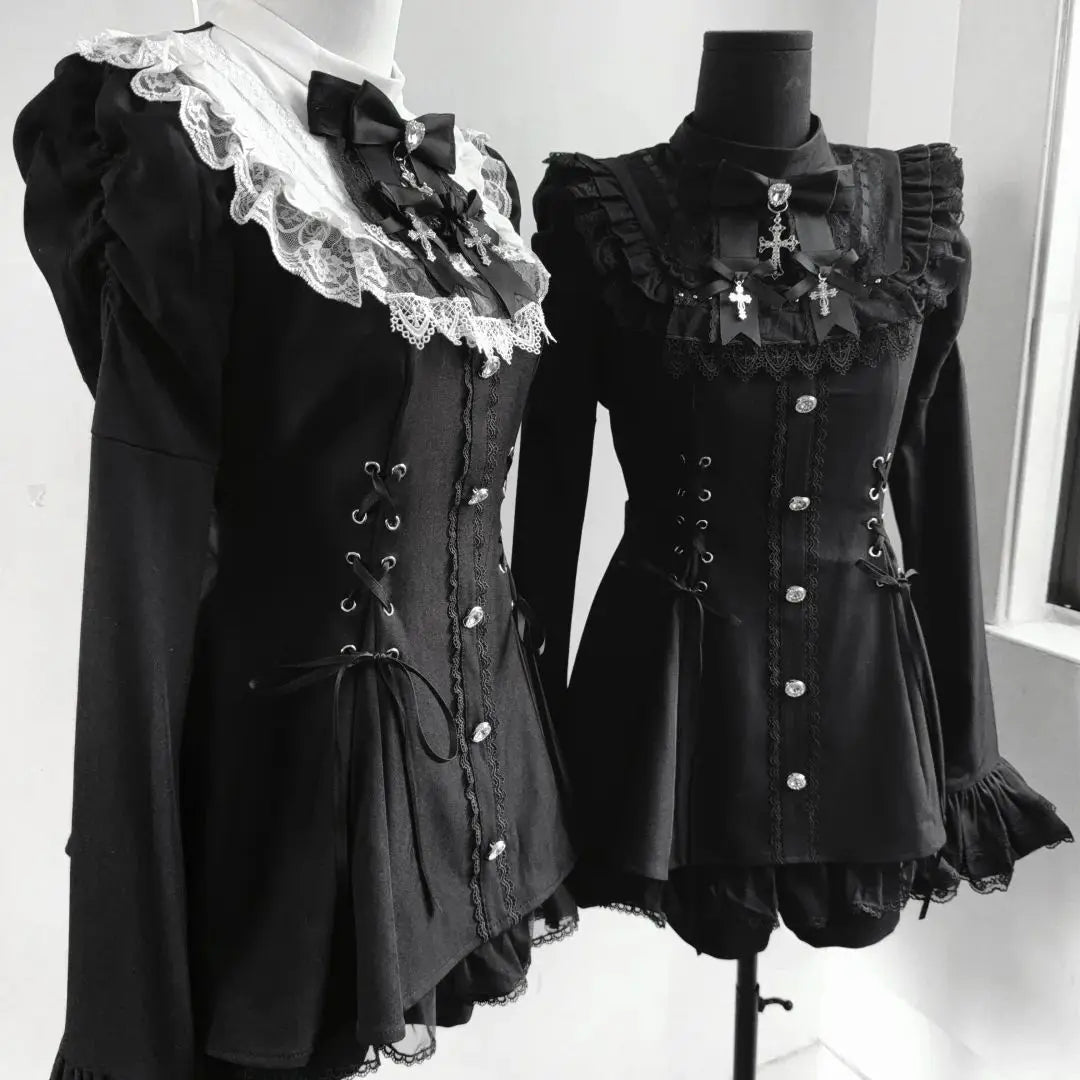 Y2k Aesthetic Lolita Style Bow Dress Shorts Set Japanese Women Gothic Lace Flare Sleeve Button Shirt Dress Punk Party Mini Dress