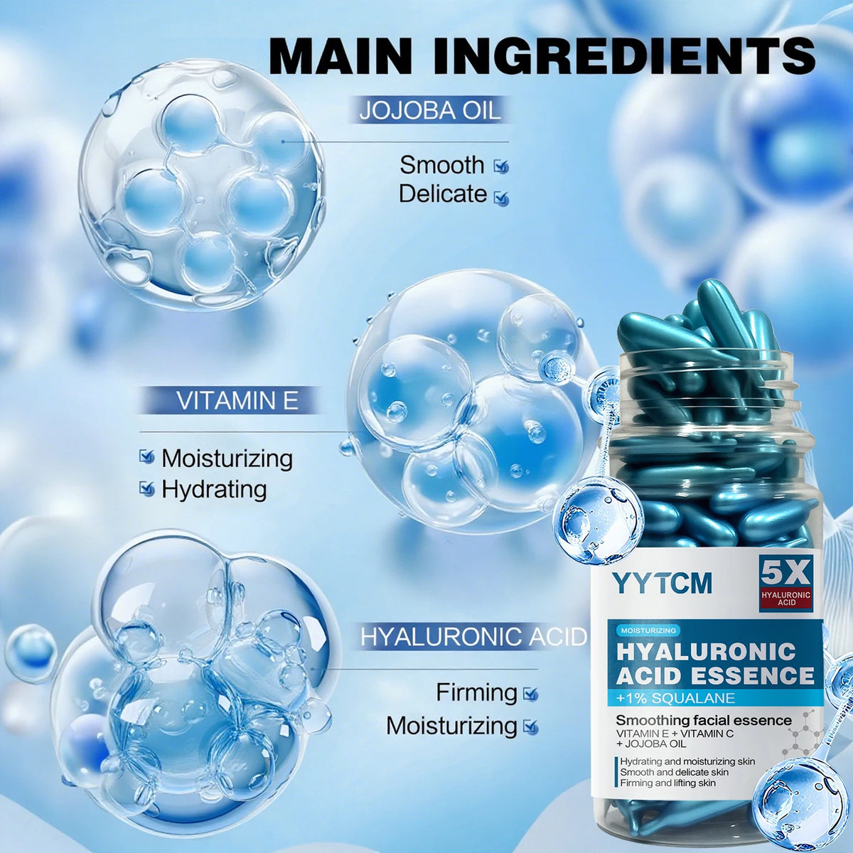 Hyaluronic Acid Deep Moisturizing Capsule Essence, Hydrates and Smoothes the Skin, Contains Plant-Derived Squalane, Vitamin E, Vi