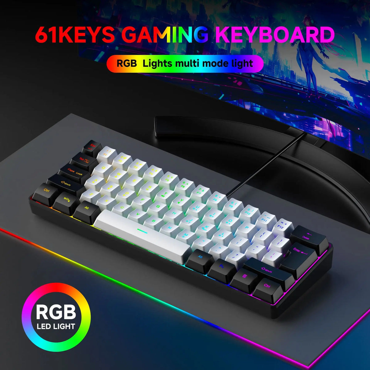 USB Wired RGB Gaming Keyboard 61 Keys White Black Compact Mini Office Keyboard and Mouse for PC Desktop Computer Gamer Keypad