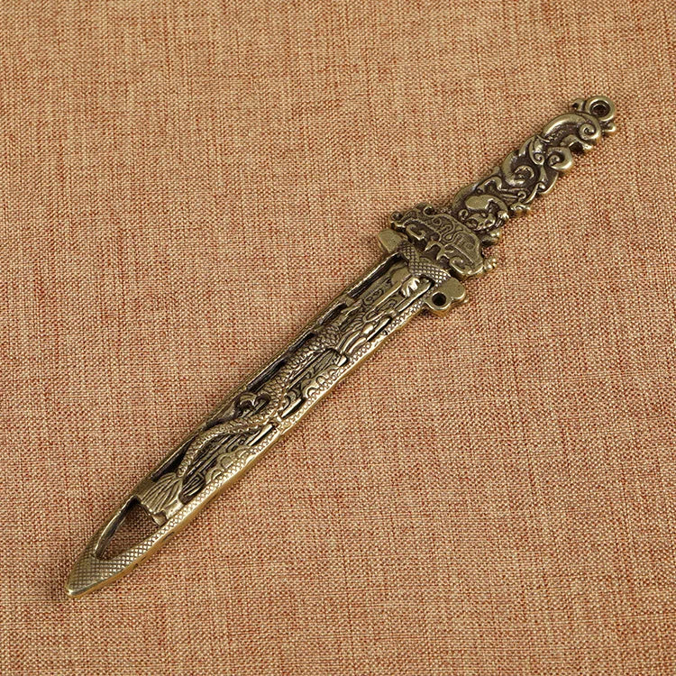 Brass Sword Pendant Waist Decoration Exquisite Double-Sided Carved Small Sword Handle Antique Copper Craft Ornament