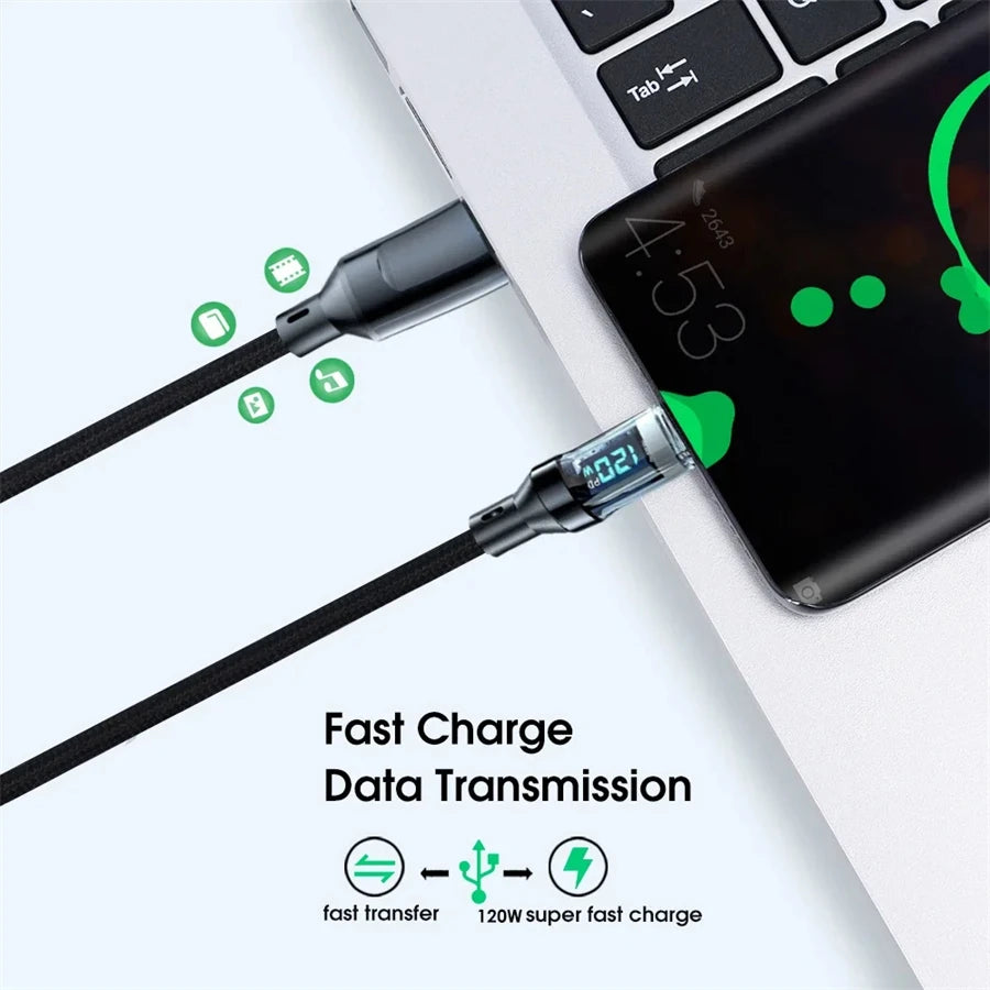NNBILI 100W USB C 120W USB A Charging Cables with LED Display Screen, USB C=C-C，USB A=A-C, Not for Xiaomi iPhone Samsung