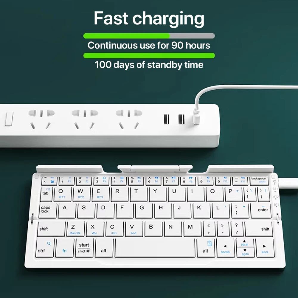 Neue Mini faltbare Bluetooth-Tastatur, kabellose Tastatur, unterstützt 3 Geräte mit Ständer, wiederaufladbar für Telefon, Tablet, portugiesische Tastatur