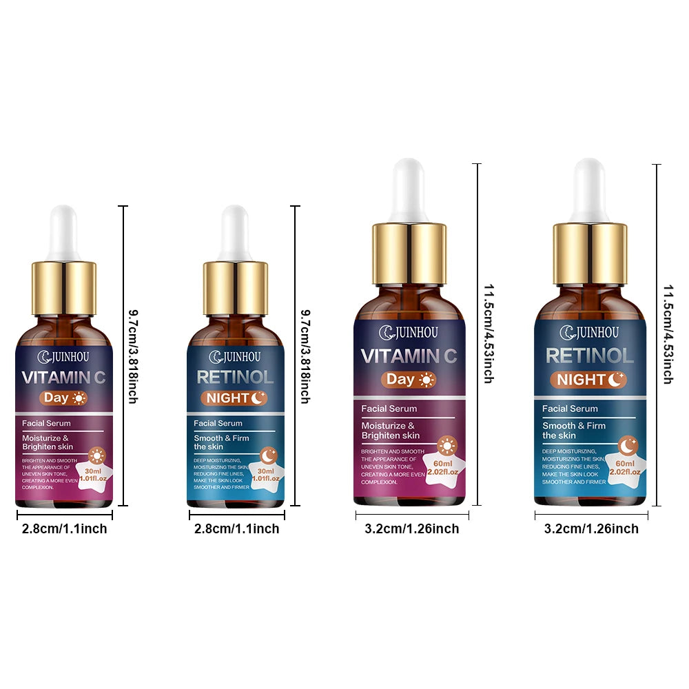 JUINHOU 2Pcs Day & Night Face Serum Set Vitamin C Retinol Hydrating Glowing Skin Make Skin Smoother And Firmer Daily Facial Care