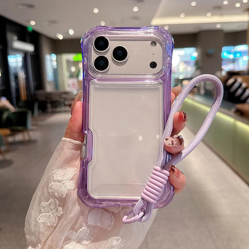 Luxury 3in1 Clear Anti-Drop Phone Case for iPhone 18 17 16 15 14 Plus 13 Pro Max Candy Colour Frame Wrist Strap Protection Cover
