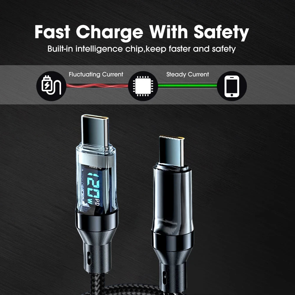 NNBILI 100W USB C 120W USB A Charging Cables with LED Display Screen, USB C=C-C，USB A=A-C, Not for Xiaomi iPhone Samsung