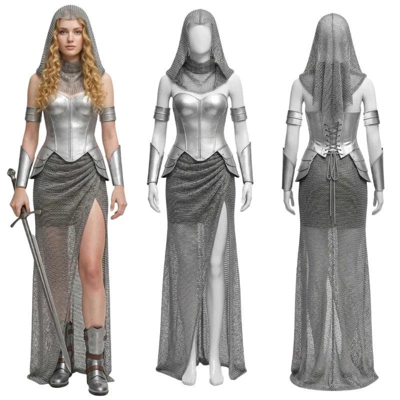 Women Medieval Knight Warrior Costume Skirt Top Headband Bracelet Halloween Renaissance Princess Cosplay