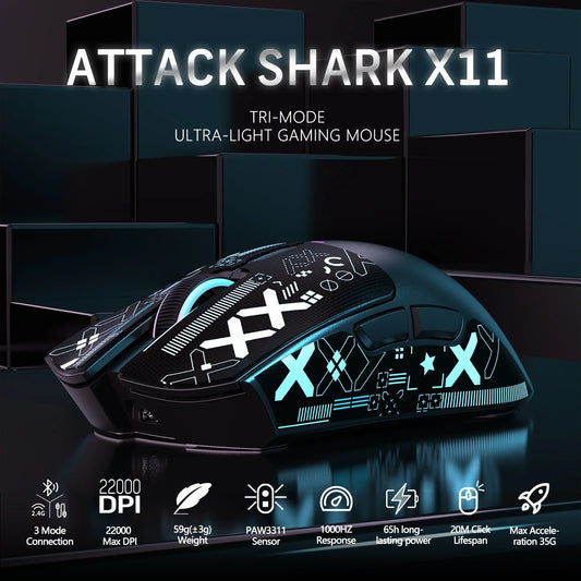 ATTACK SHARK X11 PixArt PAW3311 Three Mode Wireless Gamer Mouse Charging Dock Gaming Sensor, BT/2.4G Wireless Mouse