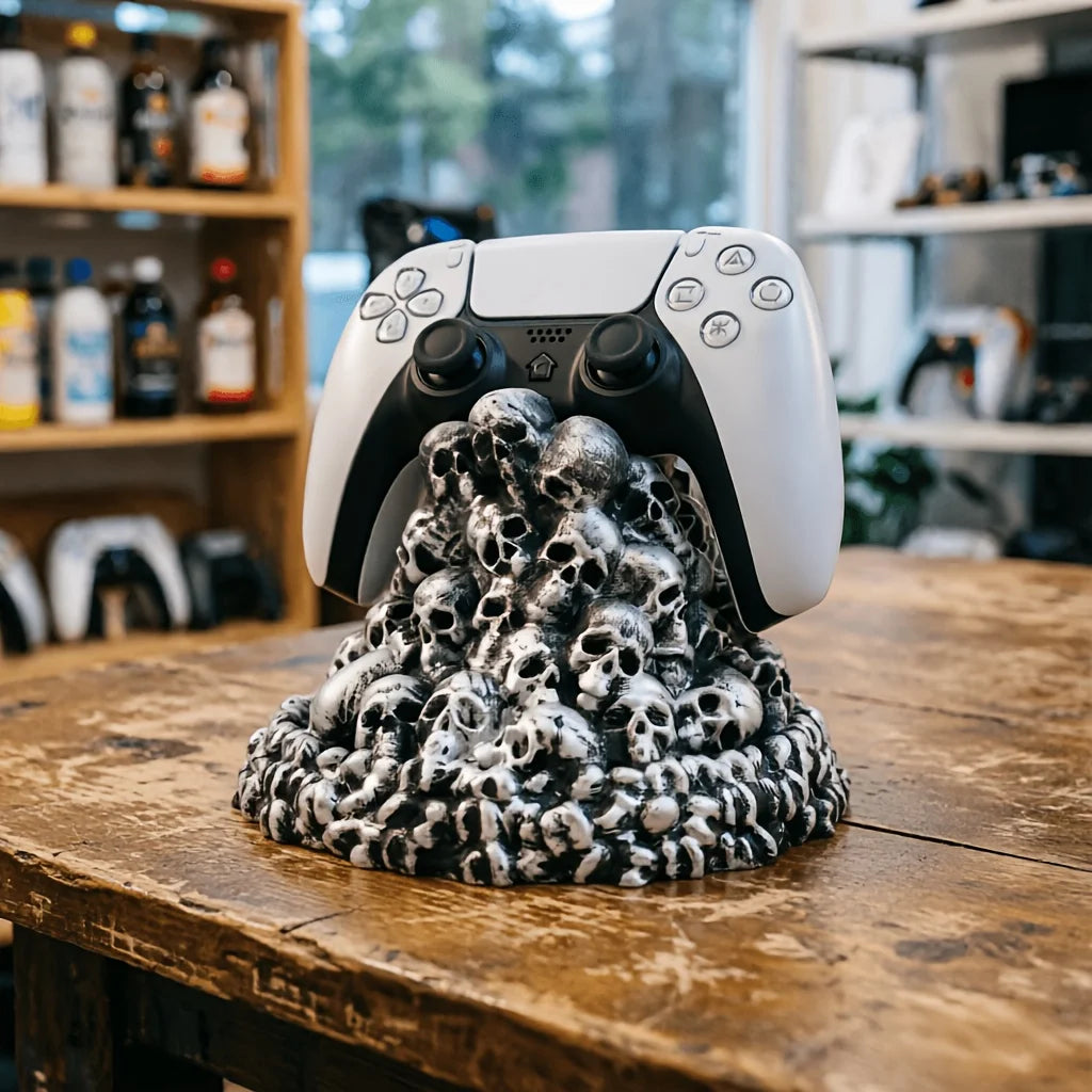 Dark Skeleton Stack Game Stand - Punk Style Base for PS5/Xbox/Switch, Creative Desk Organizer & Gift for Gamers.