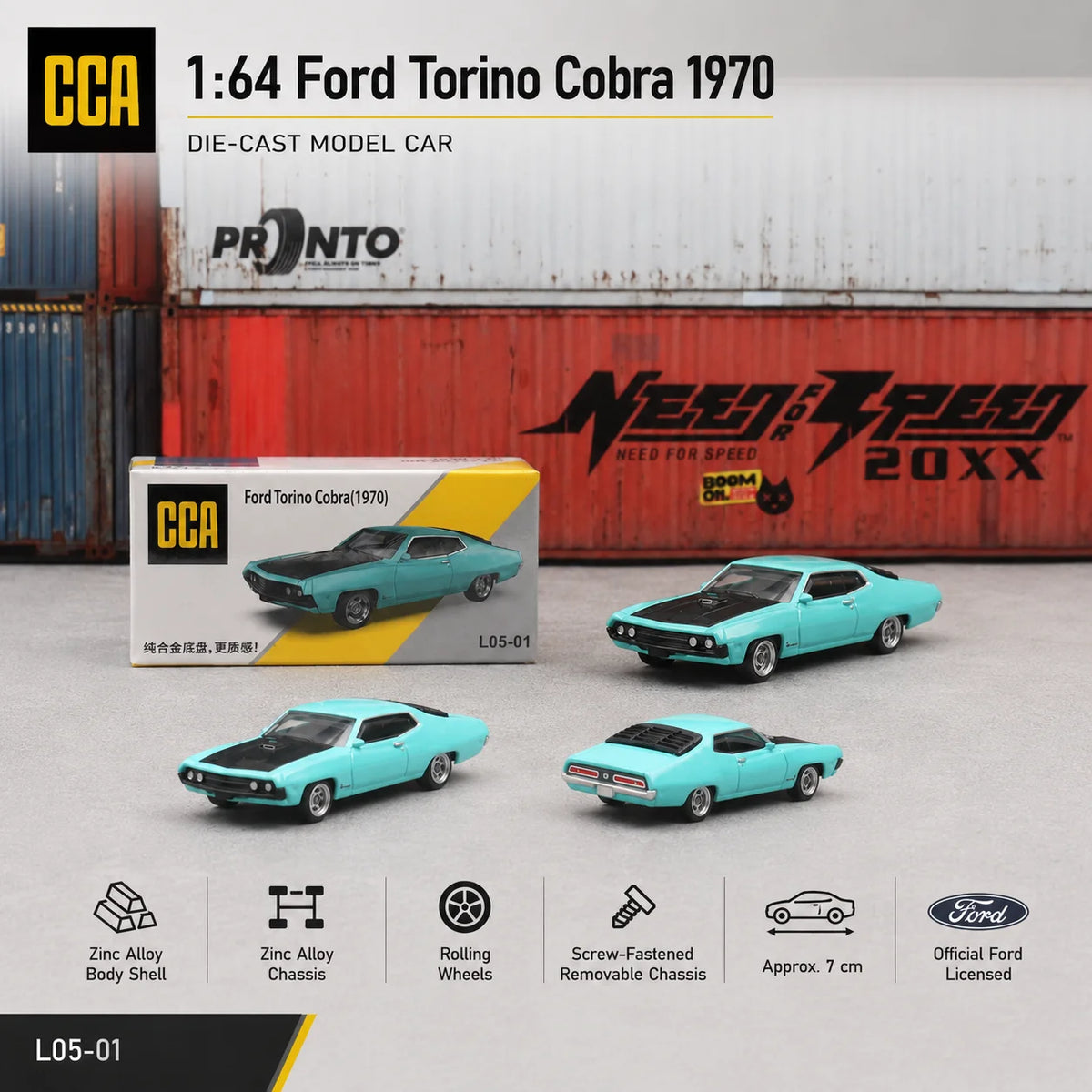 CCA 1:64 Ford Torino Cobra Sedan Miniature Model MSZ 3" Alloy Toy Car Vehicle Free Wheels Diecast Collection Gift for Boyfriend