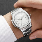Luxury Men Business Watches Fashion Square Dial Stainless Steel Strap Quartz Watch with Calendar For Mens Clock（Without Box）