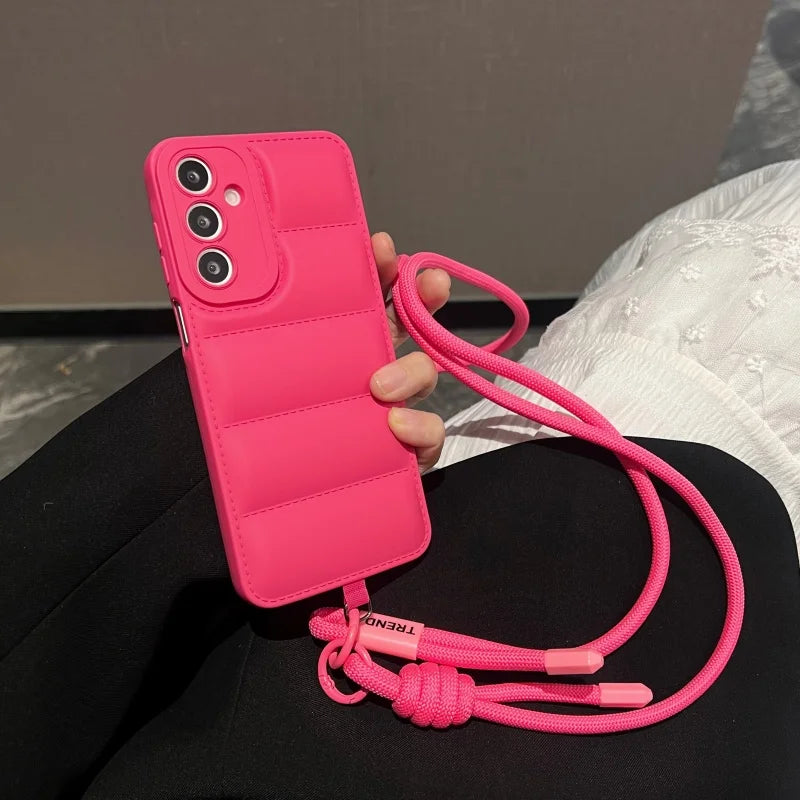 Fashion Down Jacket Lanyard Crossbody Case For Samsung Galaxy A56 A36 A26 A16 A55 A35 A54 A53 A52 A34 A33 Long Strap Soft Cover