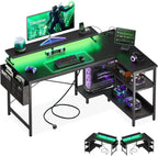 Coleshome Gaming Desk with Led, 120X80Cm Corner Desk with Reversible Shelves, L-Shaped Gaming Table with Power Outlets and USB Gaming Table with Monitor Stand Home Office, Black