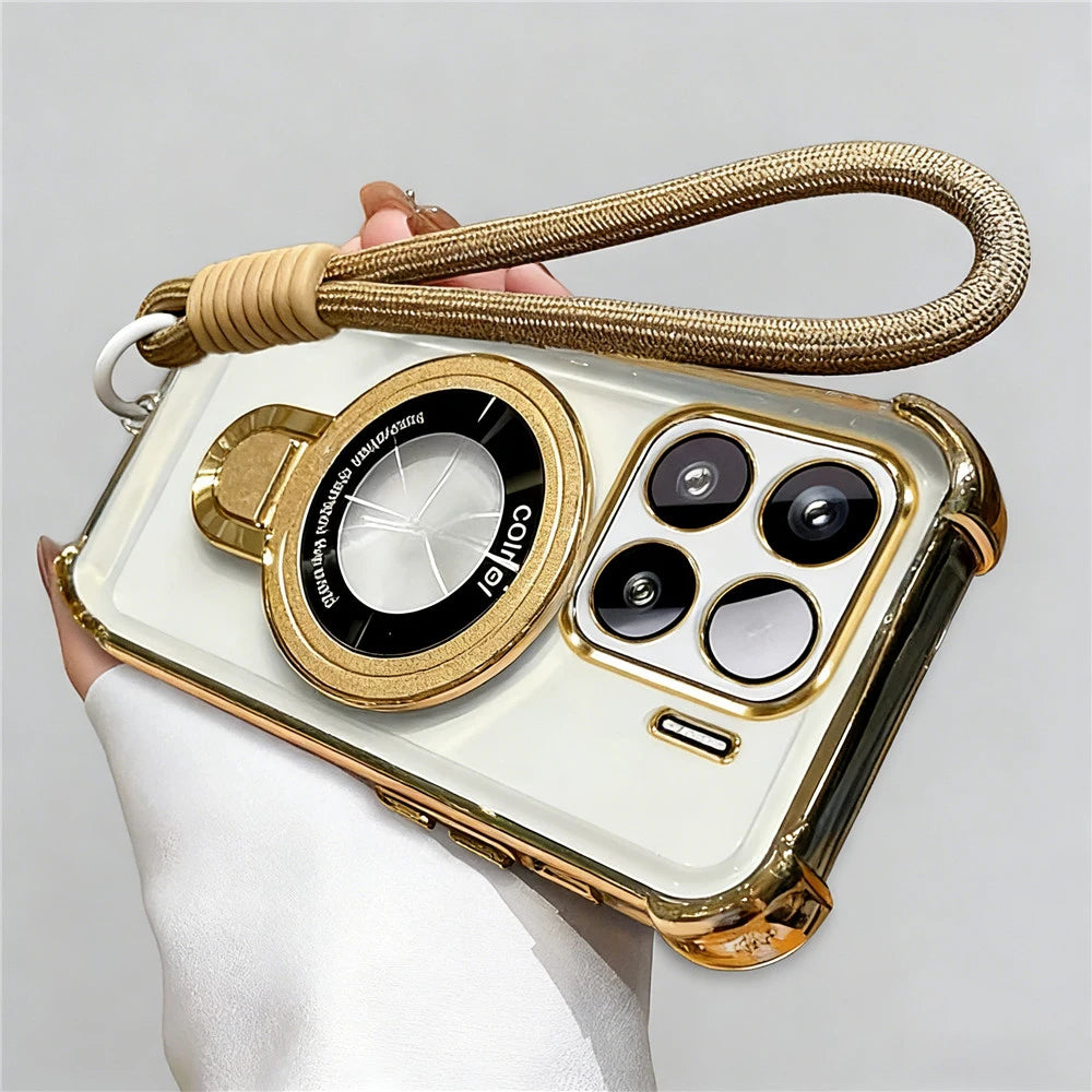Rope Lanyard Strap Stand Phone Case For Xiaomi Redmi Note 14 Pro Plus 14S Note 15 Pro 4G 5G Transparent Shockproof Soft Cover