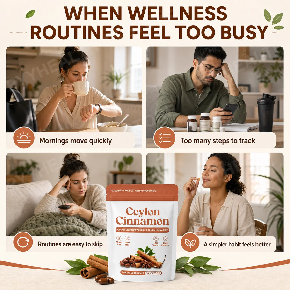 Ceylon Cinnamon Softgels 7200mg Equivalent,12:1 Concentrated Extract with MCT Oil,High Bioavailability, Daily Balance Support