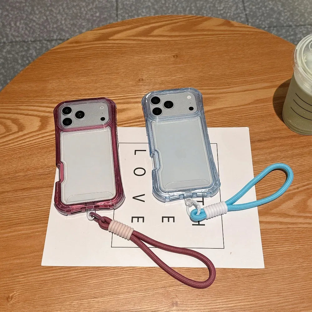 Luxury 3in1 Clear Anti-Drop Phone Case for iPhone 18 17 16 15 14 Plus 13 Pro Max Candy Colour Frame Wrist Strap Protection Cover