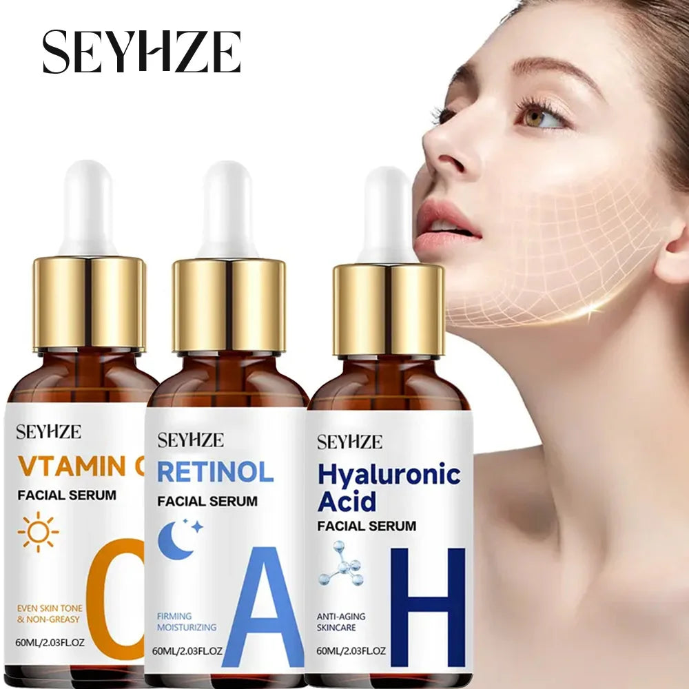 SEYHZE Day Night Vitamin C + Retinol + Hyaluronic Acid Essence Set with Collagen Aloe Vera Marshmallow 48hr Moisture Lock Skin B