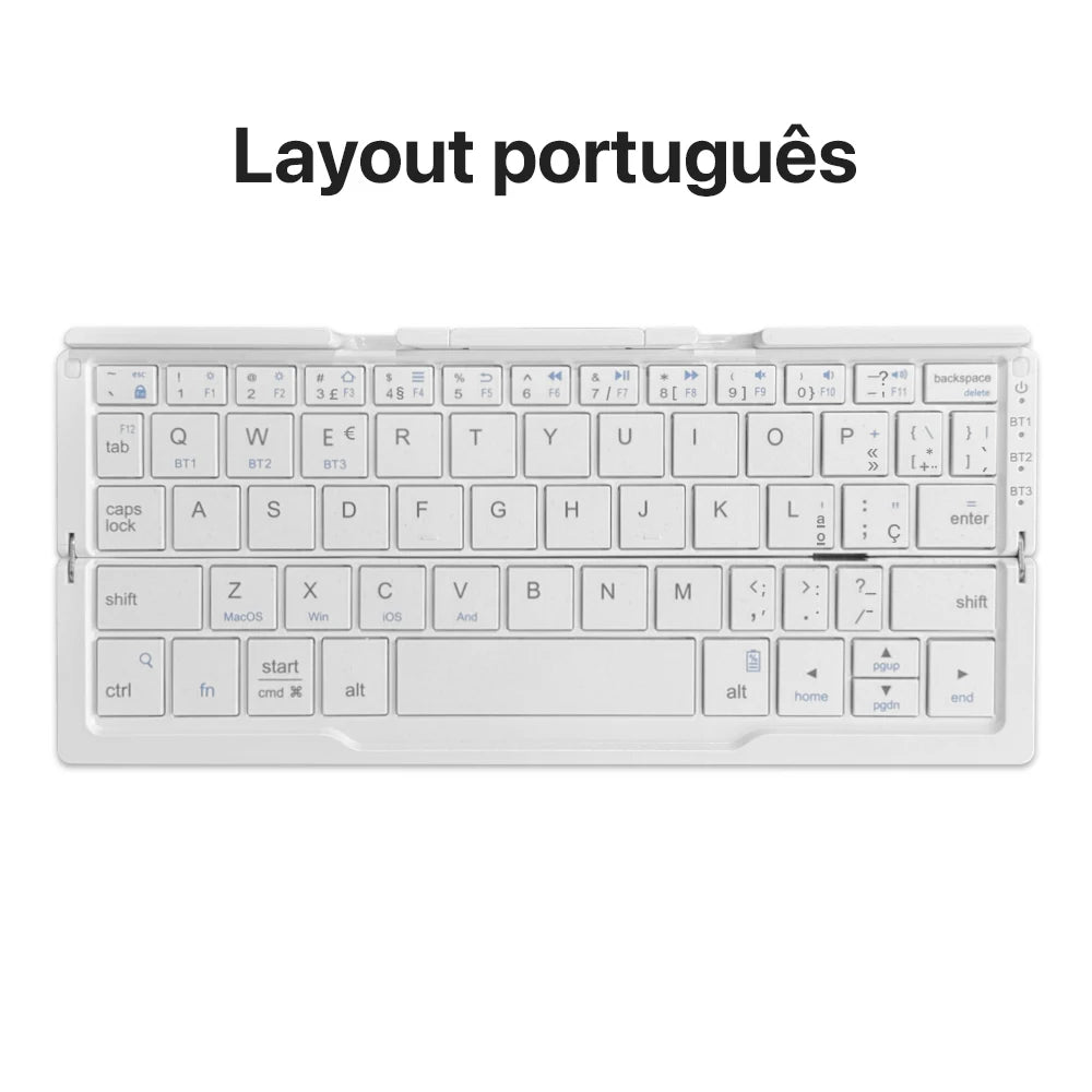 Neue Mini faltbare Bluetooth-Tastatur, kabellose Tastatur, unterstützt 3 Geräte mit Ständer, wiederaufladbar für Telefon, Tablet, portugiesische Tastatur