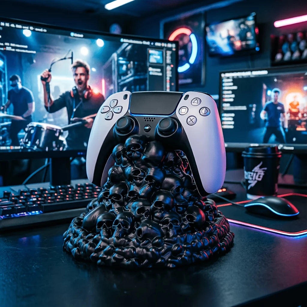Dark Skeleton Stack Game Stand - Punk Style Base for PS5/Xbox/Switch, Creative Desk Organizer & Gift for Gamers.