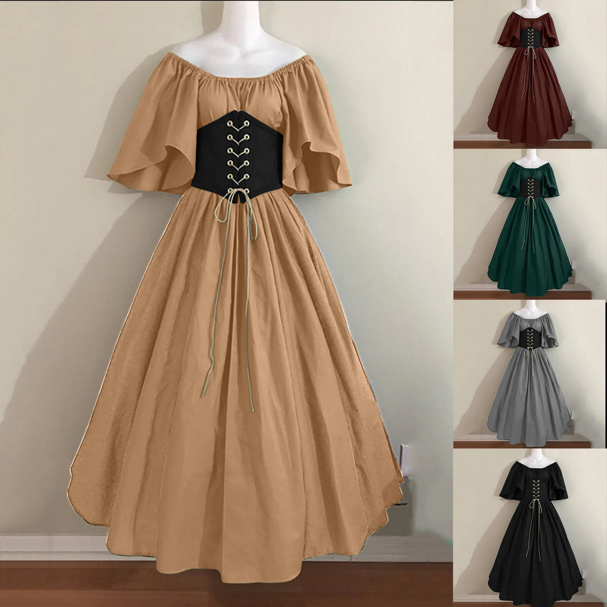 Women Patchwork Medieval Renaissance Dress Halloween Gothic off Shoulder Retro Long Dress