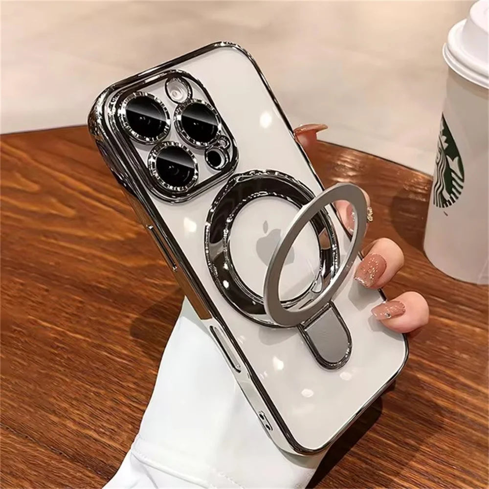 Luxury For Magsafe Bracket Case For iPhone 16 17 18 15 14 13 12 Pro Max 16 Plus Magnetic Ring Stand Holder Clear Acrylic Cover
