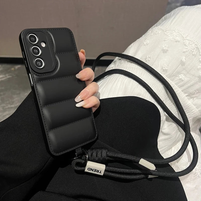 Fashion Down Jacket Lanyard Crossbody Case For Samsung Galaxy A56 A36 A26 A16 A55 A35 A54 A53 A52 A34 A33 Long Strap Soft Cover