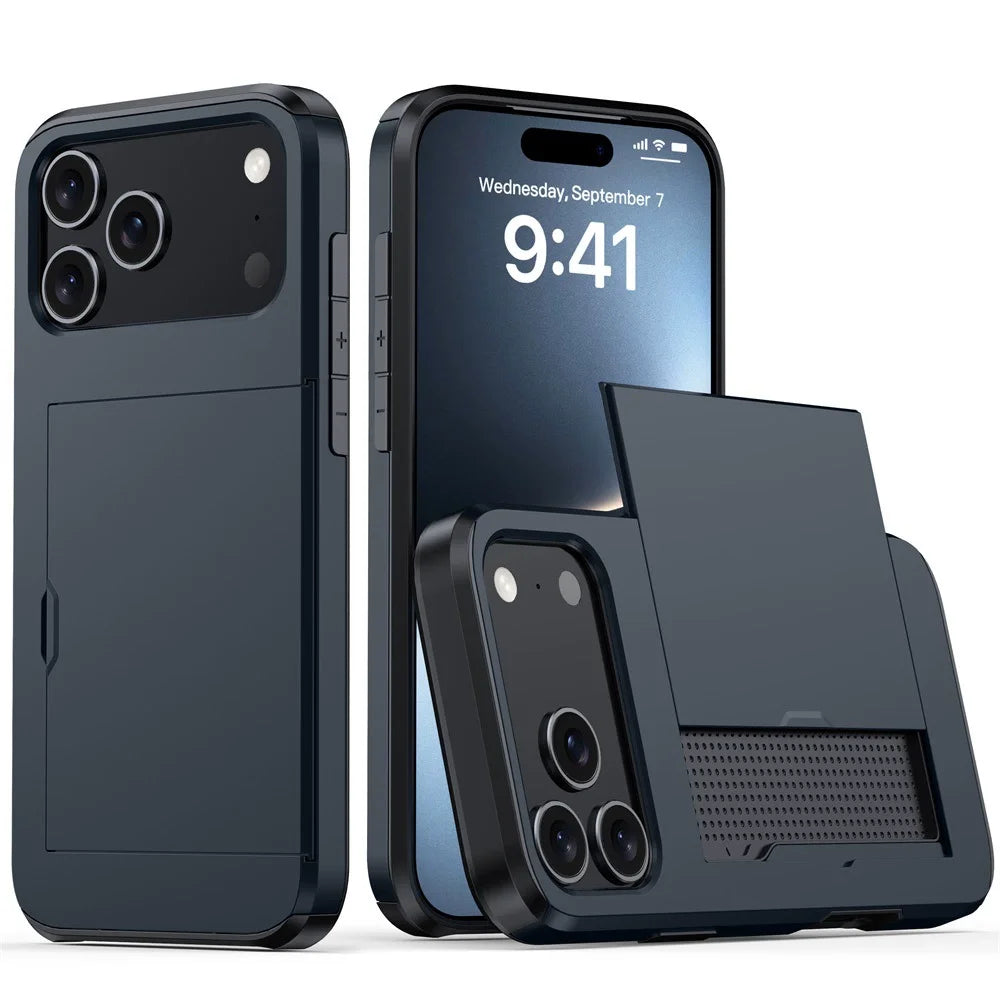 Case For iPhone 18 Pro Max 18 Pro 17 Pro Max 17 17e 16e Wallet Card Holder Slide Slot Slim Hard PC Heavy Duty Protective Cover