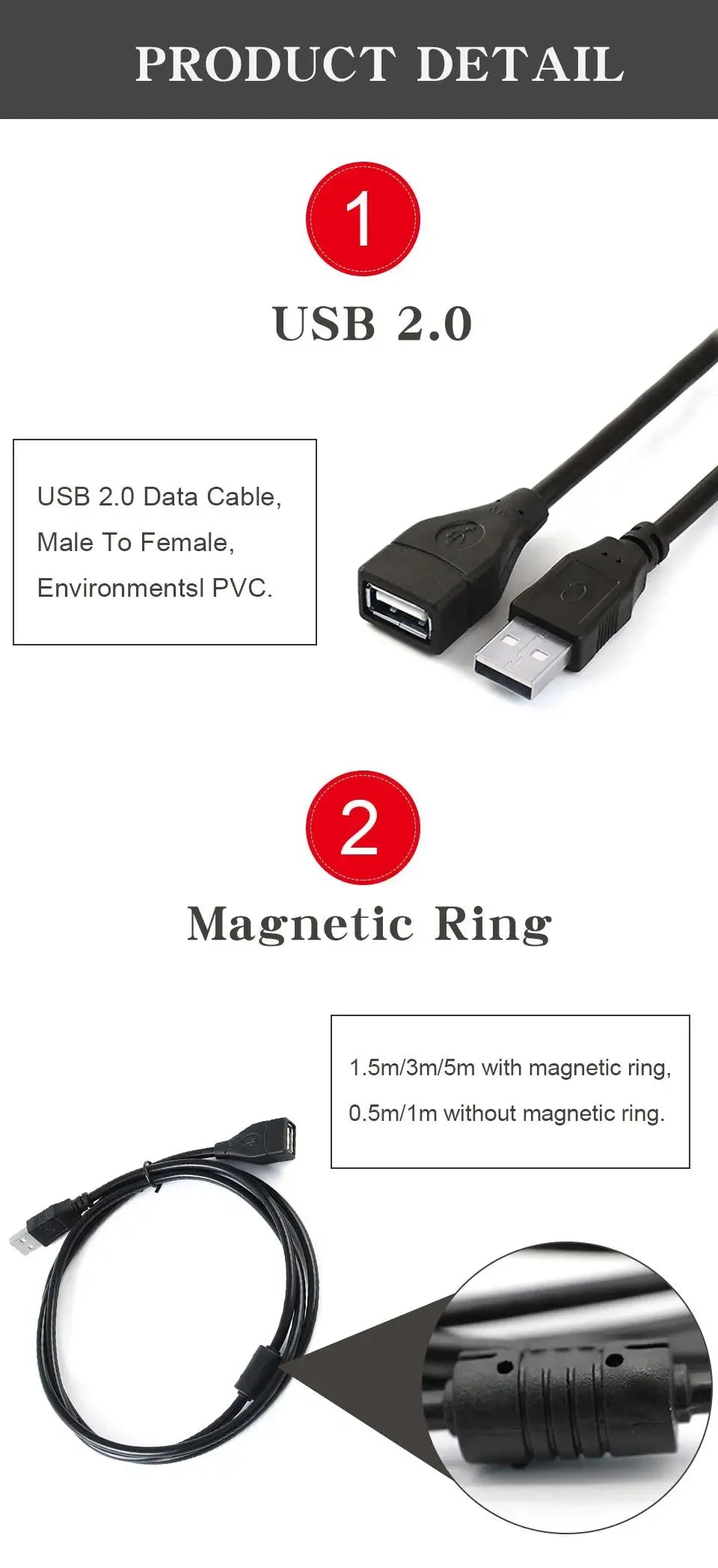 USB 2.0 Cable Extension Cable 0.6m 1m 1.5m Wire Data Transmission Line Superhighspeed Data Extension Cable For Display Projector