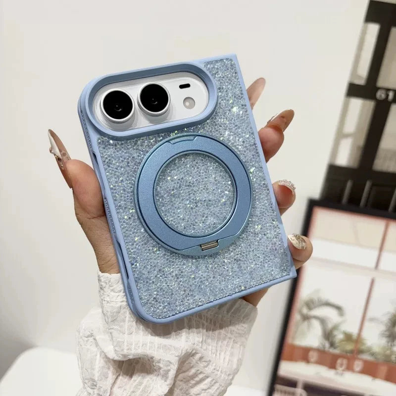 For iPhone Duo New Luxury Shell Flash Diamond 360° Rotating stand Phone Case For Magsafe Magnetic Wireless Charging Girl Cover