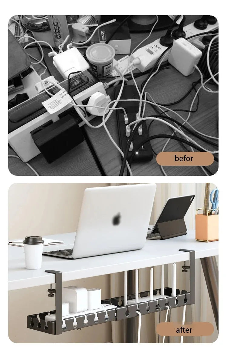 Retractable No Drill Clamp On Under Desk Cable Tray Metal Power Strip Wire Organizer Router Cord Storage Holder