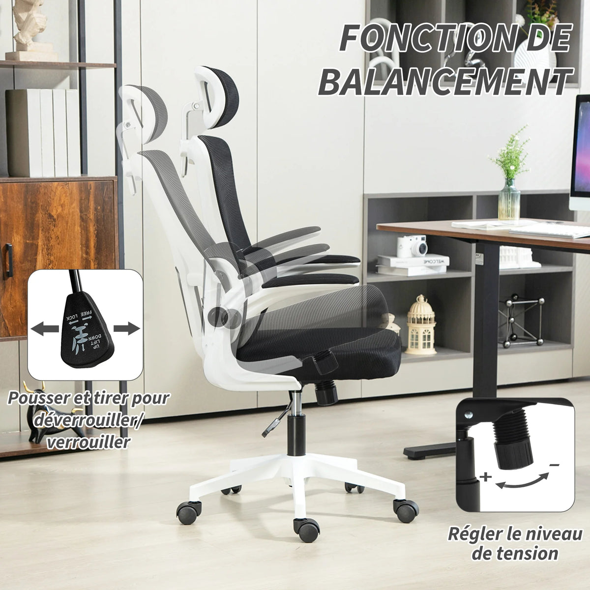 360° swivel desk chair with adjustable headrest and lumbar support – black, seat height adjustable