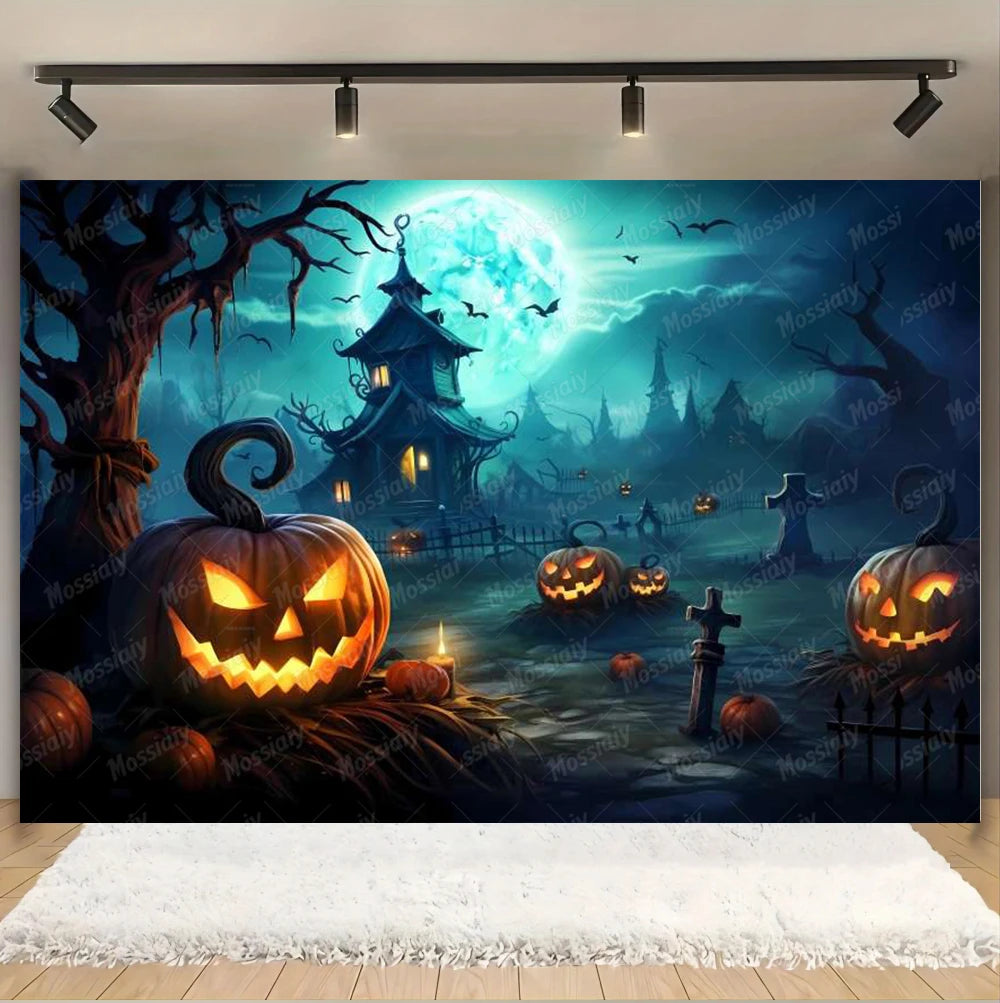Horror Halloween Photography Background Moon Night Castle Forest Pumpkin Lantern Skeleton Family Party Photo Backdrop Decoration