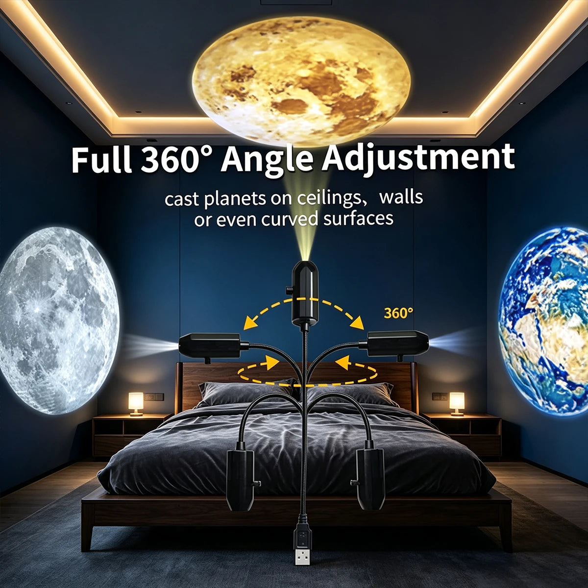 USB Starry Sky Projector Lamp 360° Rotatable Flexible Hose Planet Galaxy Projection Light with 17/12 Pcs Film Slides Bedroom