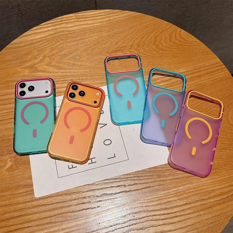 Dopamine Color Block Magnetic Phone Case for iPhone 18/17 Pro Max,16 Pro, 15 14, 13 Translucent Matte Full-Coverage Shockproof Cover with Raised Camera Protection, Compatible with MagSafe Wireless Charging