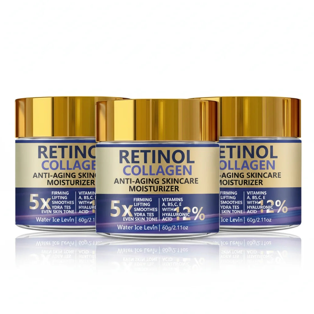 Retinol Collagen Hyaluronic Acid. Anti-Aging Moisturizer 5X Firming Lift. Even Skin Tone. Vitamins A B5 C E Panthenol. 60g