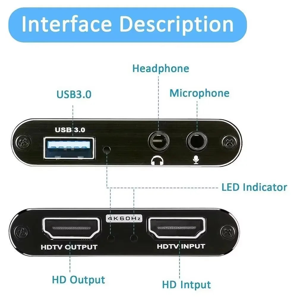 New 4K HDMI-Compatible USB 3.0 Video Capture Card 1080P 60FPS 60Hz Video Recorder Grabber for OBS Capturing Game Card Live Streaming