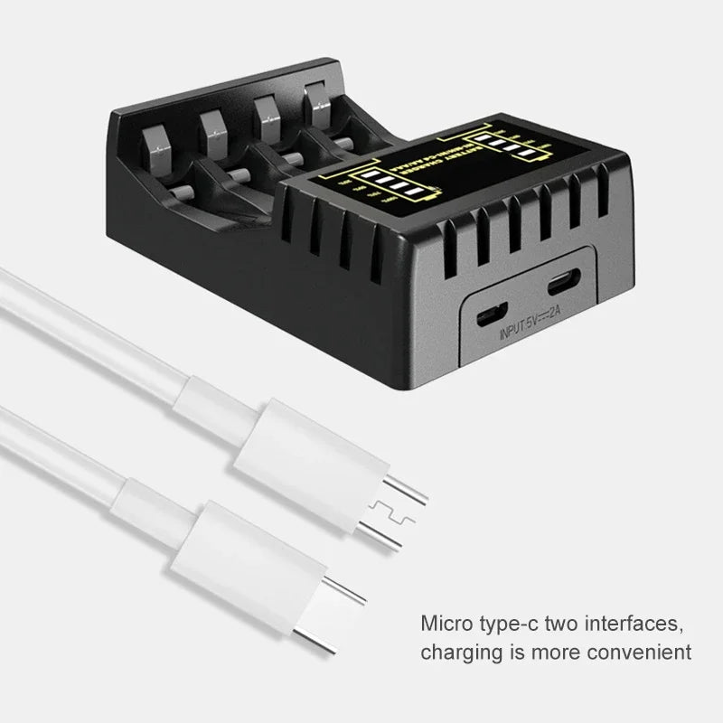 Battery Charger 4 Slot Intelligent Fast Charge With Indicator For 1.2V NiMH NiCd AAA/AA Rechargeable Battery USB C Micro Charger