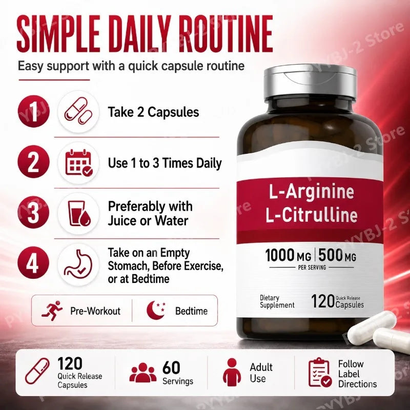 Amino Acid Supplement Capsules 120 Count Provide Energy & Healthy Living Support with 1000mg L-Arginine and 500mg L-Citrulline