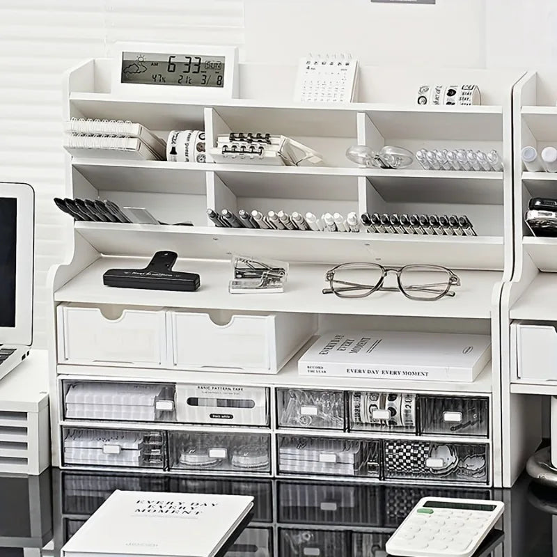 1PC 2-Tier Desk Organizer & Drawer Storage|With Tilt Pen Holder, Raised Bookshelf |Matte White PVC For Stationery, Cosmetics, O