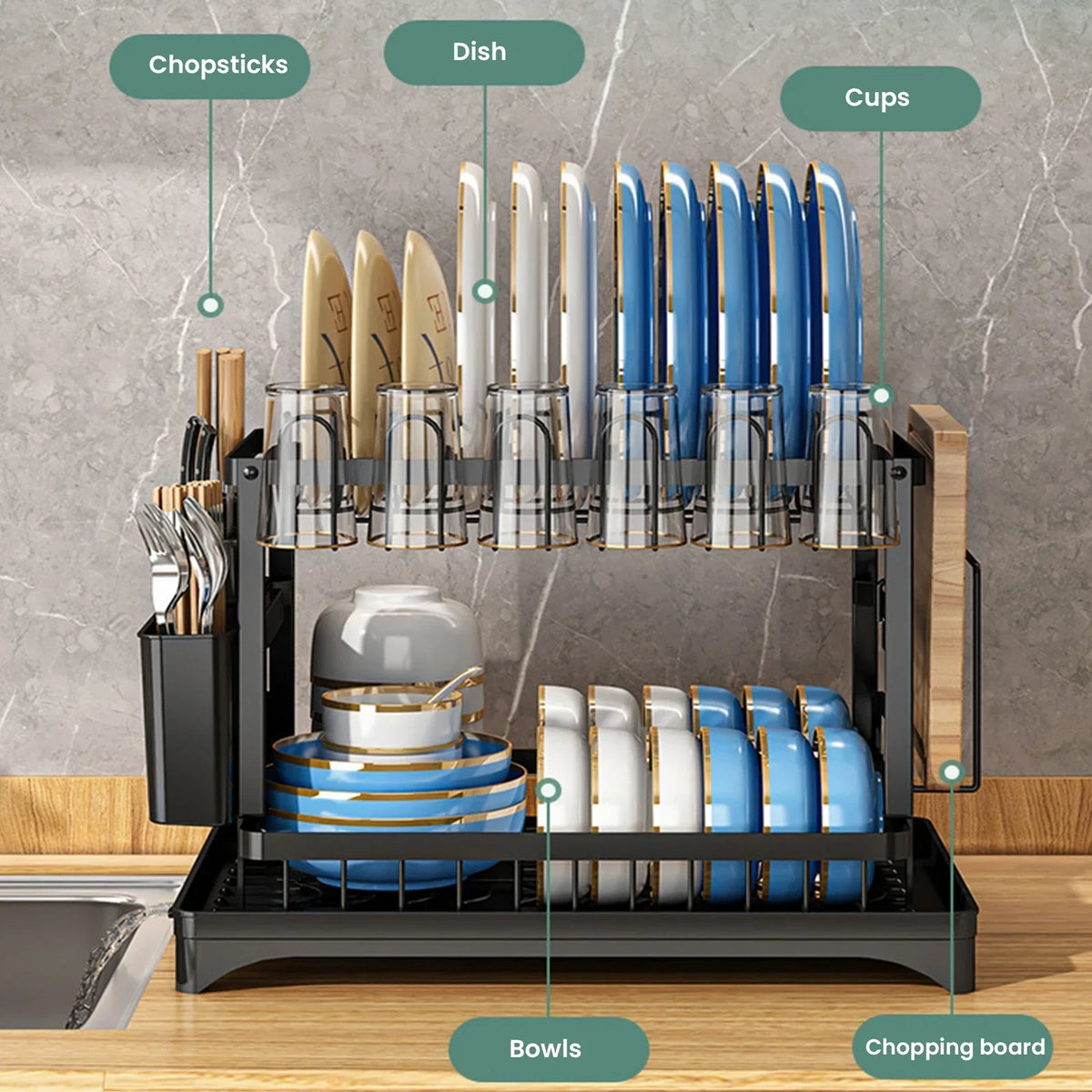 2 Tier Stainless Steel Dish Drying Rack With Drainboard Kitchen Tableware Storage Organizer