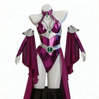 Womens Halloween Costume Shiny Metallic Purple Bodysuit Set Halter Jumpsuit With Long Chiffon Cape Halloween Party Fancy Costume