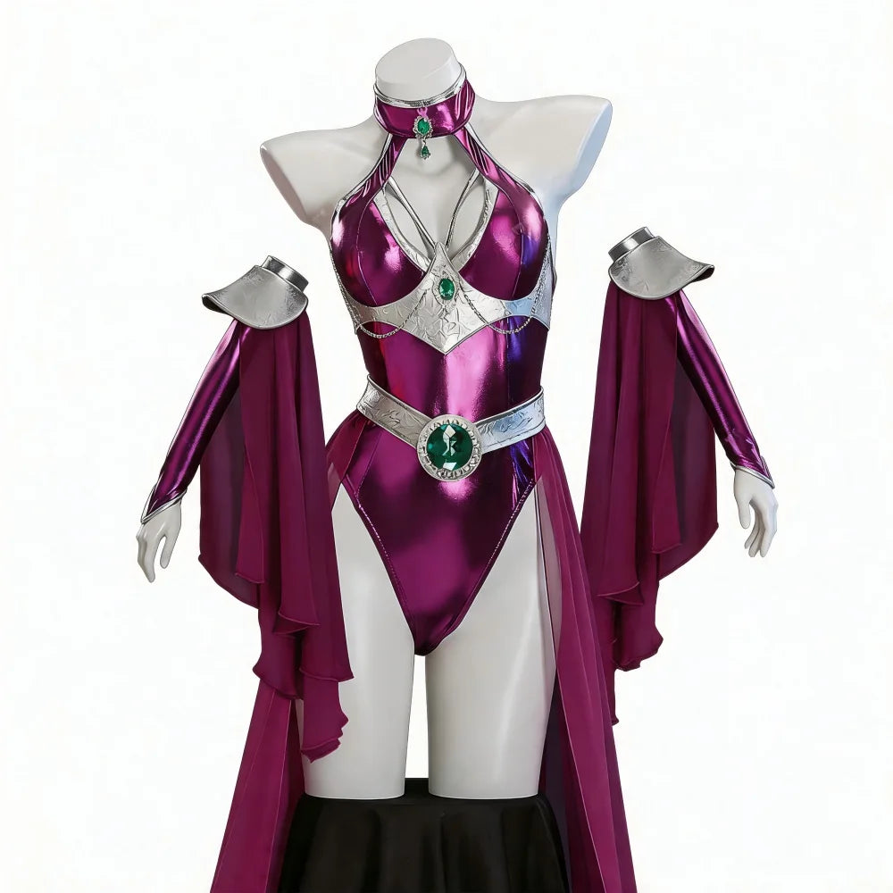 Womens Halloween Costume Shiny Metallic Purple Bodysuit Set Halter Jumpsuit With Long Chiffon Cape Halloween Party Fancy Costume