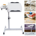 Mobile Laptop Desk with Wheels Height Adjustable Overbed Table, 180 Tiltable Bedside Computer Stand with Safety Edge Stopper, Carbon Steel Rolling Notebook Tray for Home Office Sofa Bed, White Bedroom Furniture