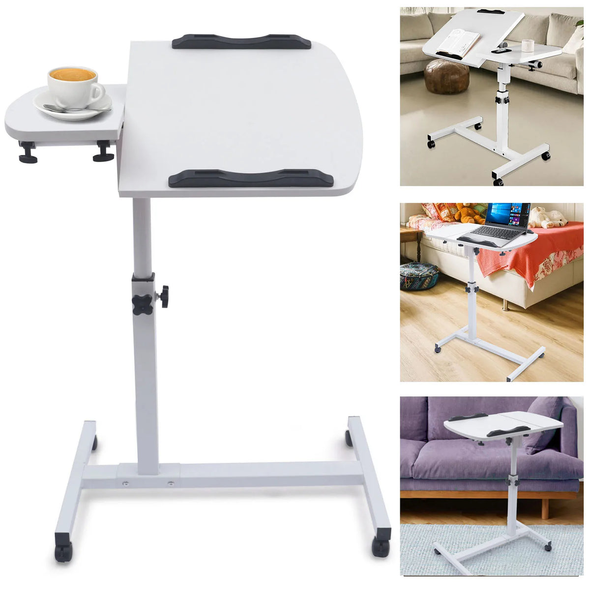 Mobile Laptop Desk with Wheels Height Adjustable Overbed Table, 180 Tiltable Bedside Computer Stand with Safety Edge Stopper, Carbon Steel Rolling Notebook Tray for Home Office Sofa Bed, White Bedroom Furniture