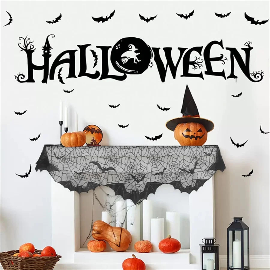 1pc Halloween Lace Mantel Scarf Spider Web Ghost Edge Fireplace Table Runner Decor, Party Atmosphere Decorative Tablecloth